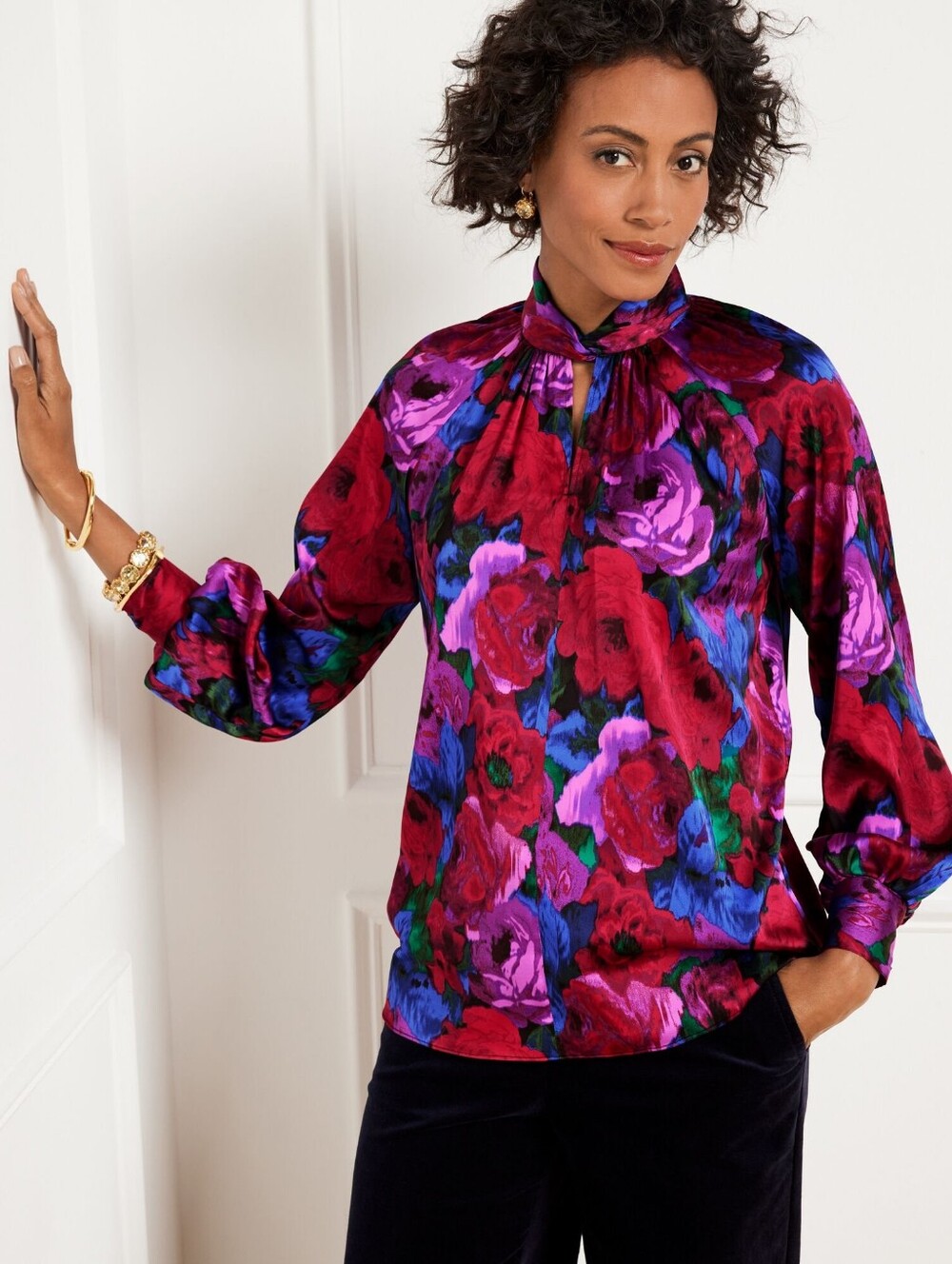 Talbots Twist Neck Soft Satin Charmeuse Top Colorful Floral Small